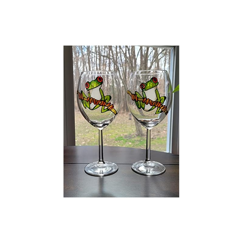 Green Tree Frog Hand Painted Stemmed Wine Glasses Set of