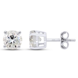 Round Cut Lab Created Moissanite Diamond 4 Prong Push Back Solitaire Stud Earrings In 14k White Gold Plated 925 Sterling Silver Jewelry For Womens