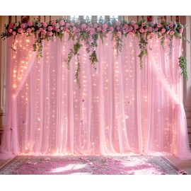 20ft x 10ft Pink Tulle Photo Backdrop Curtain with Lights String for Baby Shower Sheer Baby Pink Curtain Backdrop for Birthday Party Wedding Photo Booth Photography Background Decorations