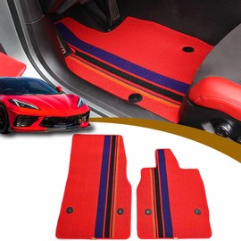 BILLFARO 2Pcs Red Tricolor Anti-Slip Binding Carpeted Floor Mats,All Weather Driver and Passenger Floor Mat Protection Pad Cover for Corvette C8 Stingray 2020-2024