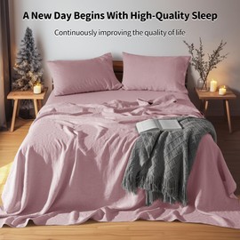 LBRO2M 100% Linen Sheet Set Full Size,Bed Sheets 4 Piece Sets,Solid Color Natural Flax Bed Sheets Soft Breathable Bedding,16" Deep Pocket,All Season (Full, Embroidery Purple)