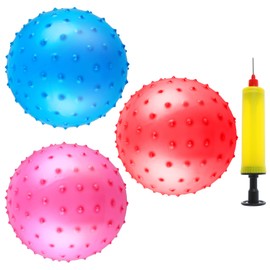 Prasacco Pack of 3 Nub Ball, 20 cm Inflatable Yoga Ball, Knotty Balls, Massage Stress Balls with Air Pump for Indoor and Outdoor Use, Beach, Playground, Backyard, Pool Play (Red, Blue, Pink)
