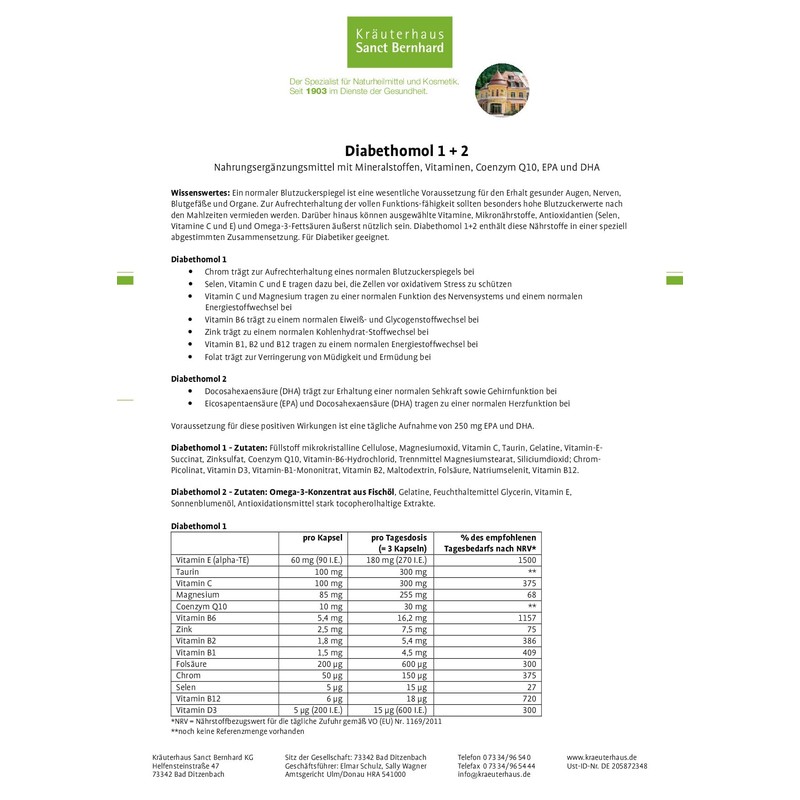 Sanct Bernhard Diabethomol with Vitamin C, E, Minerals, Zinc, Chromium,