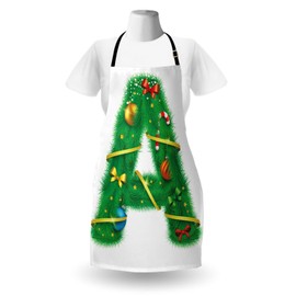 Ambesonne Christmas Alphabet Apron, Holiday Theme A Letter Motif Typography Pattern on Plain Backdrop, Unisex Kitchen Bib with Adjustable Neck for Cooking Gardening, Adult Size, White and Green