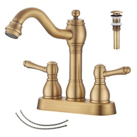 GGStudy Antique Brass Bathroom Faucet 2 Handles 4 Inches Centerset RV Bathroom Vanity Faucet with Drain Assembly and Supply Hose Lavatory Faucet