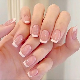 French Tip False Nails - 24pcs Square Press On Nails Short In 12 Sizes - Glossy Nude White French Nails - Removable Full Cover Fake Nails with Glue