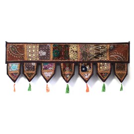 INDIAN CRAFT CASTLE Cotton Vintage Patchwork Door Hanging Valance Window Hand Embroidered Toran Bohemian Decor Living Room Wall Home Handmade Thoranam Bandanwar Decorations (Brown, 1 Meter)
