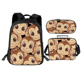 Luxvio Monkey School Backpack for Teens Kids Kindergarten Elementary Middle School 3-Pcs Bookbag, Monkey Back Pack for Boys Girls Children Animal Book Bag, Small Modern Bag
