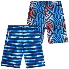 Body Glove Boys' Board Shorts – 2 Pack UPF 50+ Quick Dry Bathing Suit Swim Trunk (Size: 8-18), Size 14-16, Blu Red Lines/Clouds
