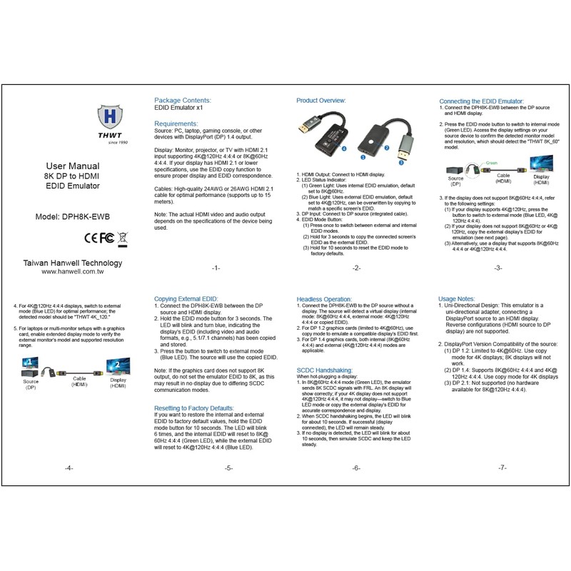 THWT 8K DP to HDMI EDID Emulator (Model: DPH8K-EWB), Supports