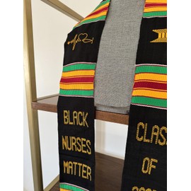 Ovaltag Black Nurses Matter Class of 2025 Kente Graduation Stole with Stethoscope Heartbeat Custom College Sash, Black, 4.5inches by 72inches