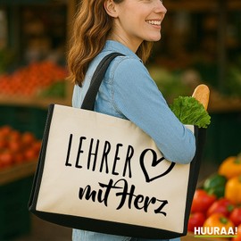 huuraa Jute Bag Teacher with Heart Present Shopper Shopping Bag Black 21 Litres Jute and Cotton Teacher Gift Idea, black, Unit size