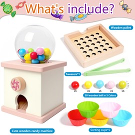 9.6" Wooden gumball machine Counting Montessori Toys for 3 4 5 Years Old Boys Girls, Toddler Preschool Learning Activities Toy for Kids Ages 4-8, Birthday Gifts Sensory Toys, Made For 0.82" Gumballs