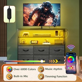 WLIVE Black TV Stand for 40, 45 inch TV, Entertainment Center with LED Lights & Charging Station, TV Media Console Table with 6 Fabric Drawers and Open Shelves for Living Room, Hallway, Wood Top