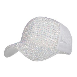 Women Men Studded Rhinestone Baseball Cap Adjustable Bling Ponytail Mesh Sun Hat Casual Sports White