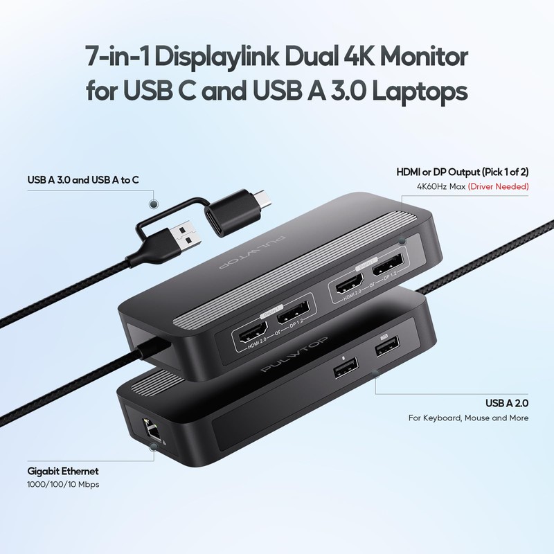 PULWTOP Displaylink Adapter, 4K@60Hz DisplayPort and HDMI Dual Monitor Adapter