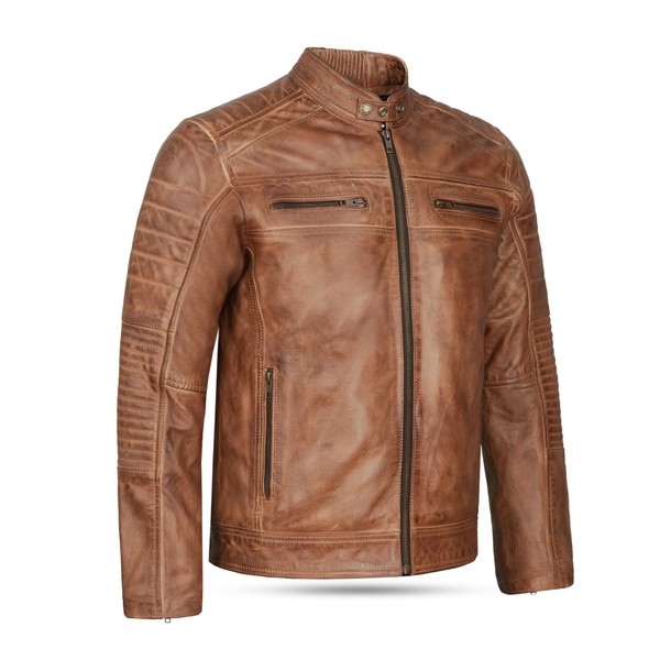 Leatherick Mens Distressed Tan Brown Genuine Leather Cafe Racer Biker