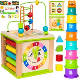 Toyventive Wooden Kids Baby Activity Cube - Girls Gift Set | 1st Birthday Gifts Toys for 1 One, 2 Year Old Girl | Developmental Toddler Educational Learning Girl Toys 12-18 Months | Bead Maze