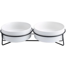 Elevated Dog Bowl Iron Frame 6-inch Ceramic Dog or Cat Food and Water Bowls Dual Feeder for Adult Cat or Medium Dog, Non-Slip Base (Double Bowl with Stand - White, 6“)