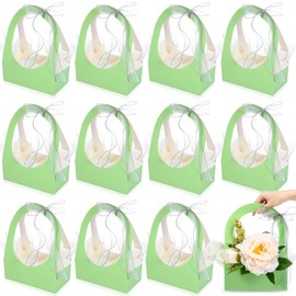 Sweetude 12 Pack Paper Gift Baskets with Handle Tissues Ribbons, 8.7 x 4.7 x 12.2 inch Empty Treat Boxes Goodie Bags for Birthday Wedding Bride Shower Party Favors, Assorted Colors(Green)