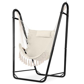 Hammock Chair with Stand, Heavy-Duty Hanging Bohemian Style with Tassel Patio Lounge Chair, with Headrest and Side Pockets for Indoor Outdoor Yard Garden Porch (Black White)