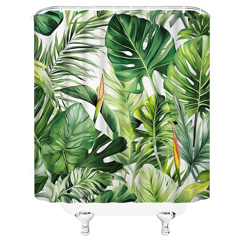 YSSFAV Tropical Green Leaves Shower Curtain Palm Leaf Monstera Banana