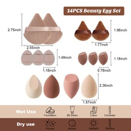 14Pcs Makeup Sponge Set, Beauty Blender with Organizer, Includes 2 Pieces of Triangle Loose Powder Puff, 2 Pieces of Mini Triangle Loose Powder Puff, 3 Pieces of Mini Airbrush Puff, 4 Pieces of Beauty Eggs and 3 Pieces of Mini Beauty Eggs (brown)