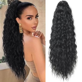 Samtress Ponytail Extension 24 Inch Drawstring Ponytail Hair Extensions Natural Black Long Curly Wavy Ponytail Extension Clip in Ponytail Hair Synthetic Hairpiece for Women (#1B)