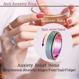 OreilleStar Anxiety Ring for Women Fidget Ring Spinner Fidget Toys Adults Stainless Steel Thumb Ring for Men Rainbow Size 9