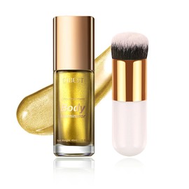 Body Shimmer Oil Shimmer Face Body Oil Luminizer Liquid Highlighter Makeup Moisturizing Smooth Body Glow Illuminator for All Skin Types with Makeup Brush - 05 Gold