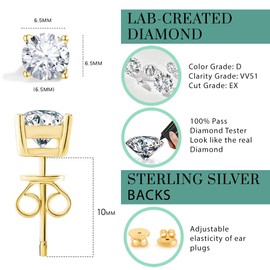 Moissanite Earrings Lab Created Diamond 925 Sterling Silver Stud for Men Women Anbamahong Jewelry Gifts (2 CTW (Yellow Gold))