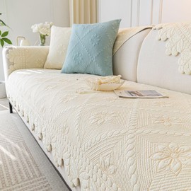 vctops Farmhouse 100% Cotton Quilted Couch Cover Floral Embroidered Sofa Cover Non-Slip Soft Sofa Slipcover Washable Furniture Protector (Cream,43"x82")