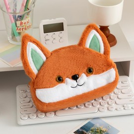 XZR Cute Pen Bag Makeup Bag Case Box Stocking Stuffers Vivid Creative Animal Fox Cartoon Large Capacity Plush Fluffy Zipper Organizer Makeup Storage Bag Box Stylish Nice Gift (Orange)