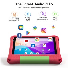 Kids Tablet 8 Inch Android 15, Octa-Core 12GB RAM + 64GB ROM, Toddler Tablet with WiFi 6, Parental Control, Pre-Installed Kids Space, EVA Case, ABCmouse, Anti-Glare Screen Protector, Adjustable Strap