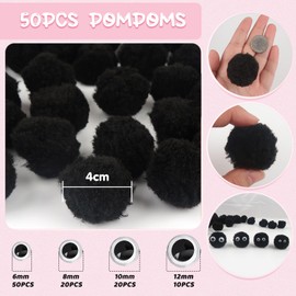 TOAOB 50 pcs Pom Poms Ball 40 mm Large Fluffy Pom Poms Black Fuzzy Pompoms Balls with 100 pcs Wiggle Eyes for DIY Crafts Decorations