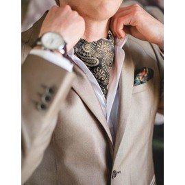 Barry.Wang Ascot for Men Champagne Grey Paisley Tie Cravat Silk Scarf Self Necktie Handkerchief Cufflinks Set Formal Wedding Party Prom
