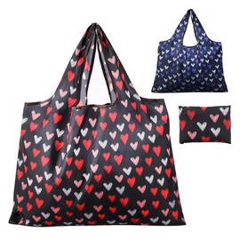 JISEN Reusable Grocery Bags 2 Packs Large Nylon Washable Foldable Eco Friendly Heavy Duty Shopping Tote Bag Fits in Pocket Heart