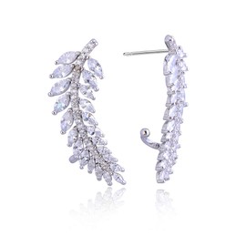 Crawler Pierced Wrap Earrings Cuff - Women's 14k Plated Sterling Sliver Cubic Zirconia Crystal Rhinestone Diamond CZ Cluster Leaf Post Earrings Ear Climber Jackets Hypoallergenic Stud Earring, Cristal, circonita