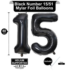 40 Inch Black 15 Number Balloons Giant 15 Balloons Black Birthday Balloons 15th Birthday Anniversary Events Party Decorations Supplies