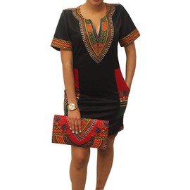 Bohemian African Attire for Women Dashiki Kaftan Dresses Tribal Theme Midi Outfits BlackRed