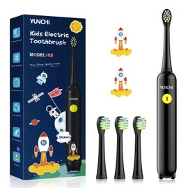 YUNCHI K5 Kids Electric Toothbrush Rechargeable for Ages 4-6-8-12 with Fun Sticker Designs, 3 Modes with Timer, Children’s Electric Toothbrush with 4 Brush Heads & Waterproof Sticker Sheets, Black