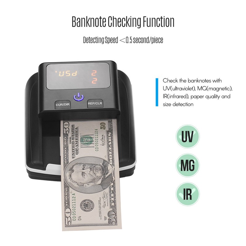 Portable Small Banknote Bill Detector Denomination Value Counter UV/MG/IR Detection