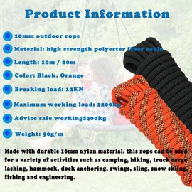 10mm Rope, Multipurpose Rope, Durable Outdoor Indoor Cord for Cargo Bundling, Camping, Hiking, Boating, Fishing, DIY Crafts, and Home Projects (Black, 20m)