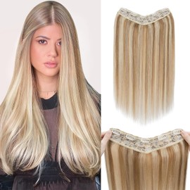 Benehair Clip in Hair Extensions V-Shaped Straight Human Hair Extensions Invisible 5 Clips One Piece Hairpieces for Women Full Head Thick Hair Pieces 14 inch Light Brown Mixed Bleach Blonde #12/#613