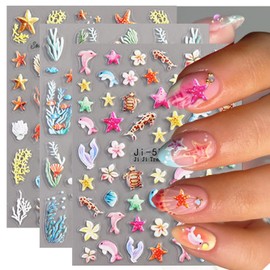 Flower Nail Stickers Summer Nail Decals Shell Nail Stickers for Nails Art Colorful Starfish Sea Turtles Corals Fish Design Ocean Nails Art Sticker for Women Decor Manicure Supplies 3 Sheet