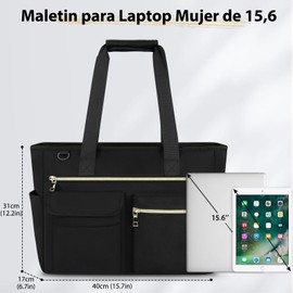 NEWHEY Bolsas de Mujer para Laptop 15.6 Pulgadas Tote Bag Maletin para Laptop Grande Bolsa de Mano para Mujer Impermeable Nylon Portafolios Negro