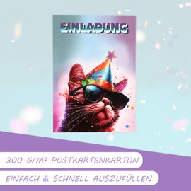 CraftWerk Cat Invitation Cards Set of 12 - Funny Birthday Invitation for Girls and Boys for Children's Birthday, Birthday Party and Party - 14.8 x 10.5 cm