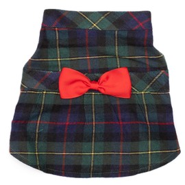 The Worthy Dog Flannel MacLeod Tartan Plaid Pet Dress, Adjustable Hook and Loop Fasteners with Bowtie Puppy Dog Outfit, Black - Small