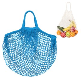 M METERXITY 1-Pack Cotton Mesh Bag, Reusable Washable Mesh Net String Grocery Bags, Reusable Produce Bags with Handle, Net Tote Bag for Fruits/Vegetables Shopping [Blue, Short Handle]