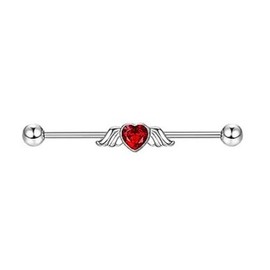 Pierced Owl 14GA 316L Stainless Steel Red CZ Crystal Heart with Wings Industrial Barbell